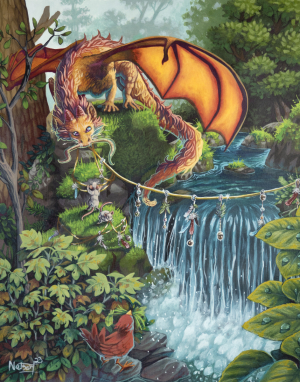 A dragon helping a pair of mice put up string decorations over a waterfall.