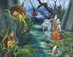 A capricorn/sea goat having a watery snack with a few mice in a swamp.