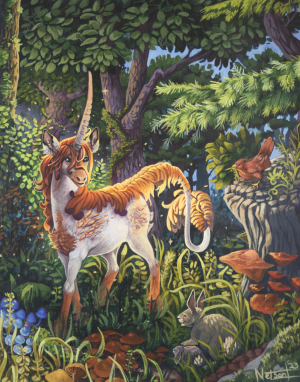 A kirin-type unicorn glowing radiantly in a forect, greeting a rabbit.