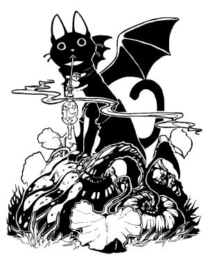 A black and white drawing of a cat with dragon wings. He holds a lanturn in his mouth.