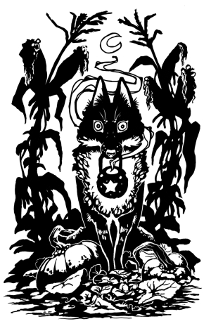A black and white drawing of a wolf. He holds a bucket with a light and sits in a pumpkin patch.